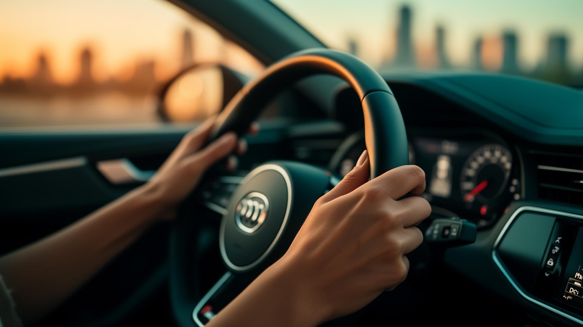 Hands on a steering wheel at golden hour with city skyline