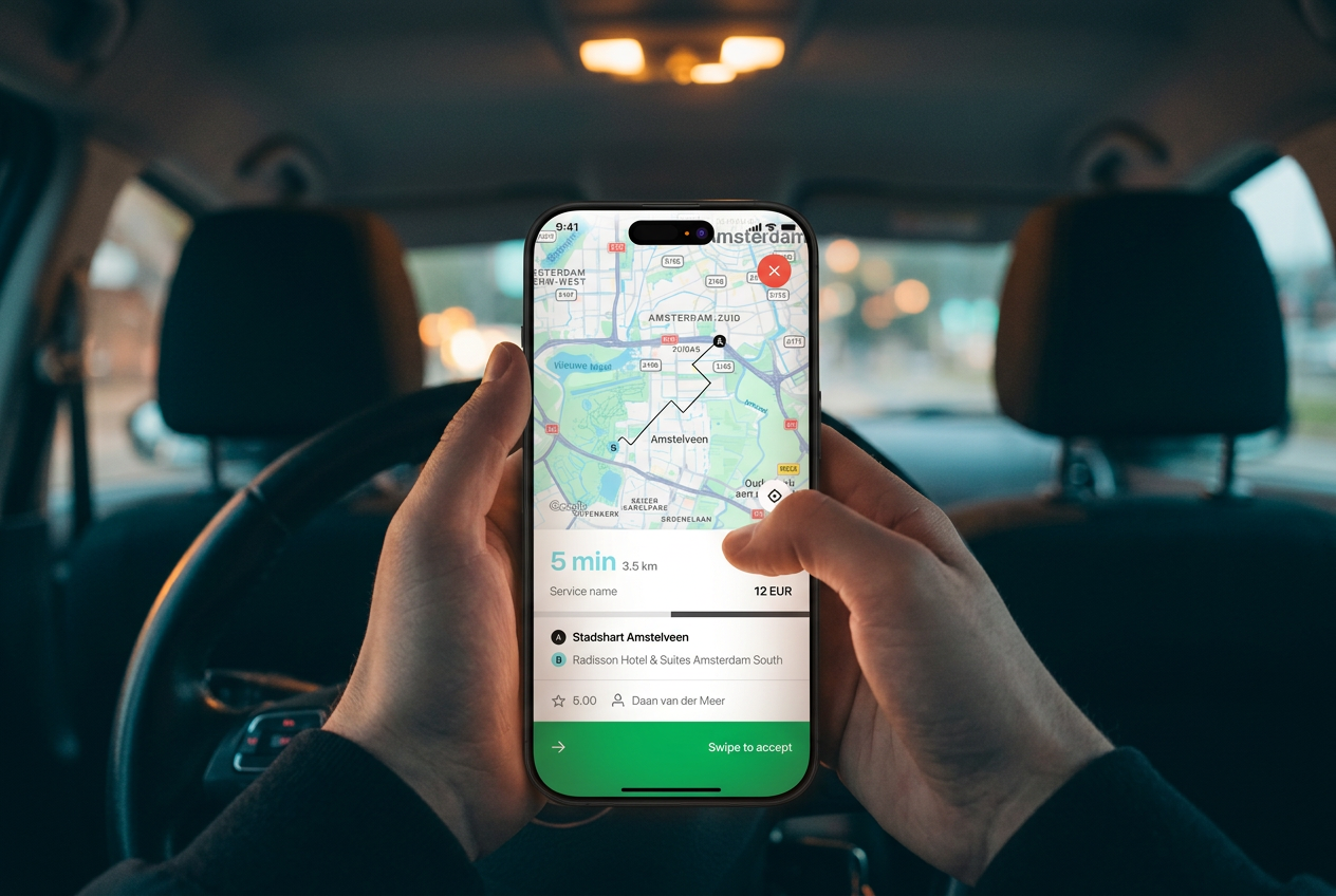 Chauffeur met Amigoo-app in de auto