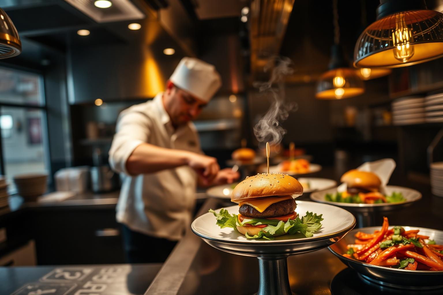 Chef die een gerecht opmaakt in een moderne restaurantkeuken