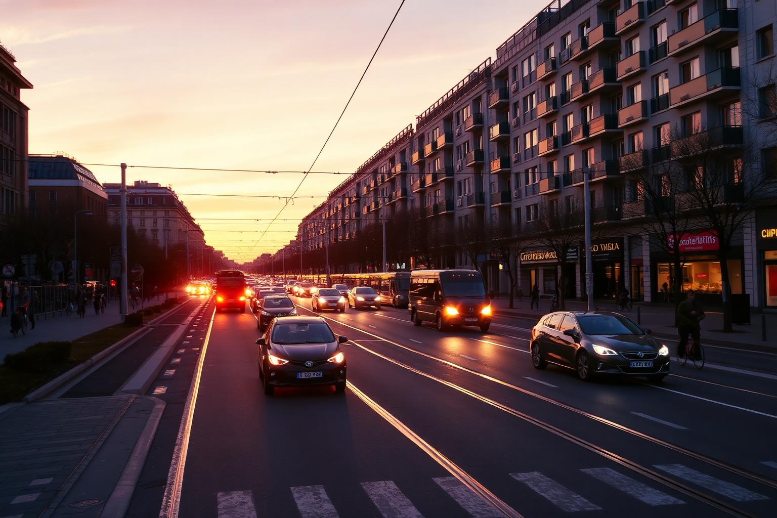 Stadstraat bij zonsondergang