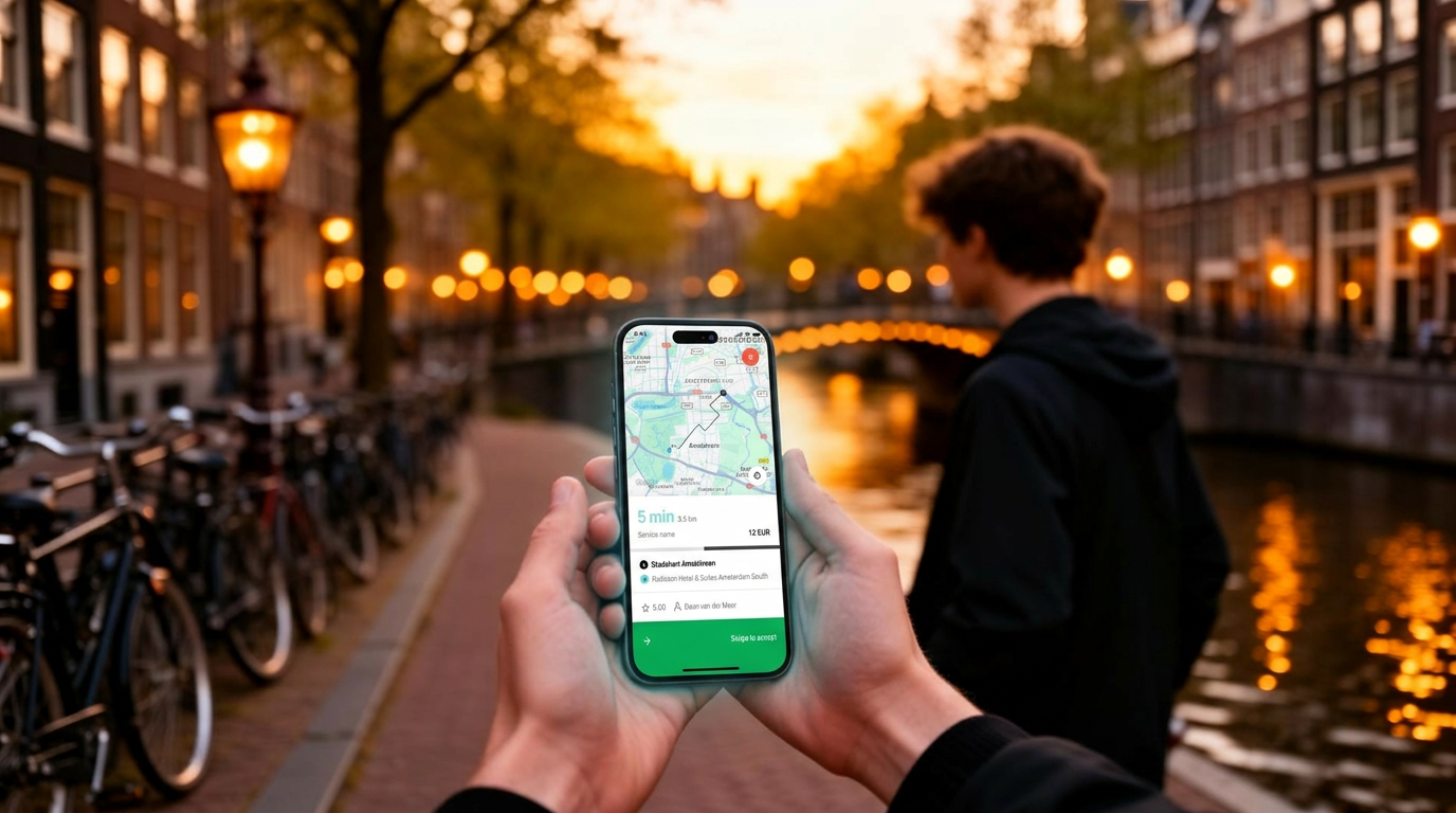 Lachende Amigoo-chauffeur in een moderne auto